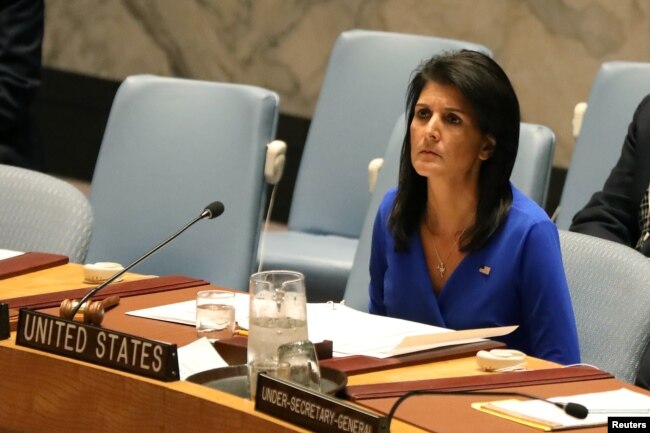 U.S. Ambassador to the United Nations Nikki Haley sits during a meeting at the United Nations Security Council on Syria at the United Nations Headquarters in New York City, NY, April 5, 2017.