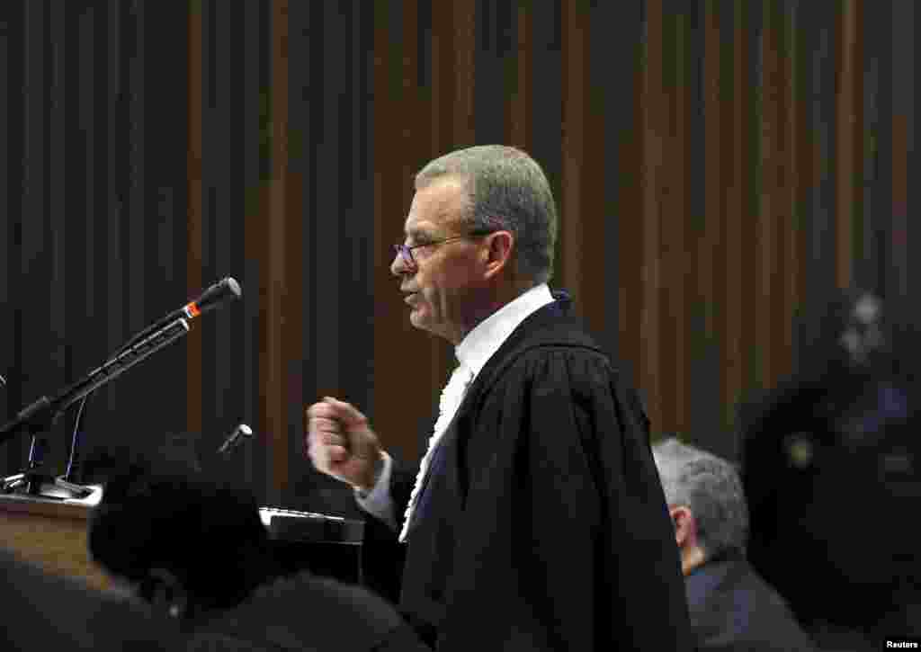 State Prosecutor Gerrie Nel speaks during the closing arguments in the trial of Oscar Pistorius, in the North Gauteng High Court, in Pretoria, Aug. 7, 2014.