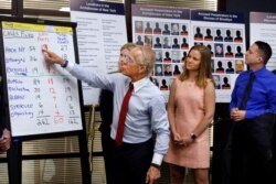 FILE - In this Aug. 14, 2019, photo, attorney Jeff Anderson, left, points to a chart of sexual abuse perpetrators during a news conference in New York, accompanied by sexual abuse victims Birdie Farrell, center, and Joseph Carramano.