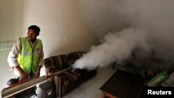 FILE - A public health department worker fumigates inside a house to prevent the spread of mosquito borne diseases in New Delhi, India, Oct. 9, 2018.