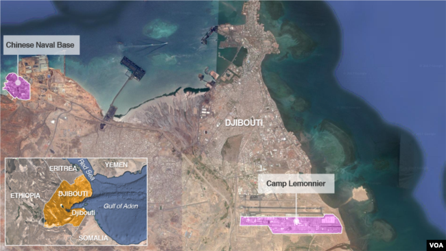 A Chinese naval base and U.S. base Camp Lemonnier, in Djibouti