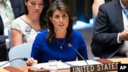 U.S. Ambassador to the United Nations Nikki Haley speaks during a Security Council meeting at United Nations headquarters, Aug. 28, 2018.