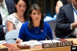 FILE - U.S. Ambassador to the United Nations Nikki Haley speaks during a Security Council meeting at United Nations headquarters, Aug. 28, 2018.