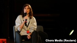 FILE - Italian journalist Cecilia Sala speaks at an event called "Chora Volume 1" in Milan, Italy, Feb. 16, 2024. (Chora Media/via Reuters)