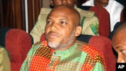 FILE— Biafran separatist leader Nnamdi Kanu, listens to court proceedings at the Federal High court in Abuja, Nigeria on January 29, 2016. 