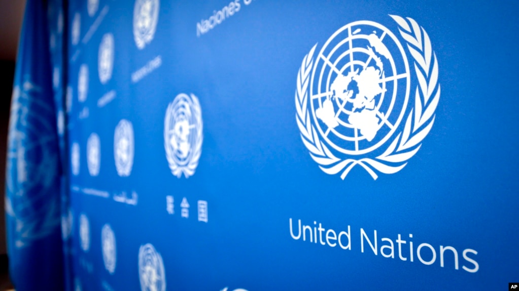 U.N. logo pattern a press conference background at the United Nations headquarters, Tuesday, Sept. 3, 2013. (AP Photo/Bebeto Matthews)