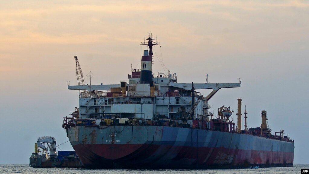 FILE - The FSO Safer oil tanker, is anchored in the Red Sea off the coast of Yemen's contested western province of Hodeida on July 15, 2023. (Photo by MOHAMMED HUWAIS / AFP)