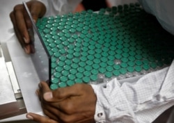 An employee in personal protective equipment (PPE) removes vials of AstraZeneca's COVISHIELD, coronavirus disease (COVID-19) vaccine from a visual inspection machine inside a lab at Serum Institute of India, in Pune, India, November 30, 2020. Picture taken November 30, 2020. REUTERS/Francis Mascarenhas