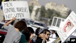 FILE - Egyptian women hold banners during a protest against sexual harassment in Cairo, Egypt, June 14, 2014.