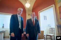 Supreme Court Justice nominee Judge Neil Gorsuch meets with Senate Minority Whip Richard Durbin of Illinois on Capitol Hill, Feb. 14, 2017.