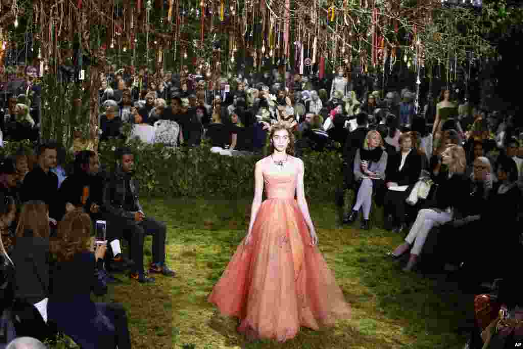 A model wears a creation for Christian Dior&#39;s Haute Couture Spring-Summer 2017 fashion collection presented in Paris, France.