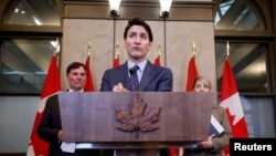 FILE - Canada's Prime Minister Justin Trudeau takes part in a press conference on Parliament Hill in Ottawa, Oct. 14, 2024.