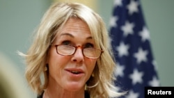 FILE - U.S. Ambassador to Canada Kelly Craft delivers a statement following a ceremony at Rideau Hall in Ottawa, Ontario, Oct. 23, 2017. On Feb. 22, 2019, she was nominated by President Donald Trump to become U.S. ambassador to the United Nations. 