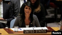 FILE - U.S. Ambassador to the United Nations Nikki Haley delivers remarks during a meeting by the United Nations Security Council on North Korea at the U.N. headquarters in New York City, Aug. 29, 2017. 