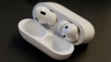 A pair of Apple AirPods Pro 2 are displayed on a table at Brooklyn College's audiology clinic in New York on Oct. 22, 2024. (AP Photo/Mary Conlon)