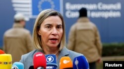 FILE - European Union foreign policy chief Federica Mogherini arrives at a EU leaders summit in Brussels, Belgium, Dec. 15, 2016.