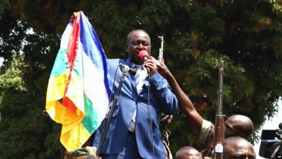 In this frame grab taken from APTN footage from Thursday, Dec. 27, 2012, President Francois Bozize addresses crowds, in Bangui, Central African Republic.