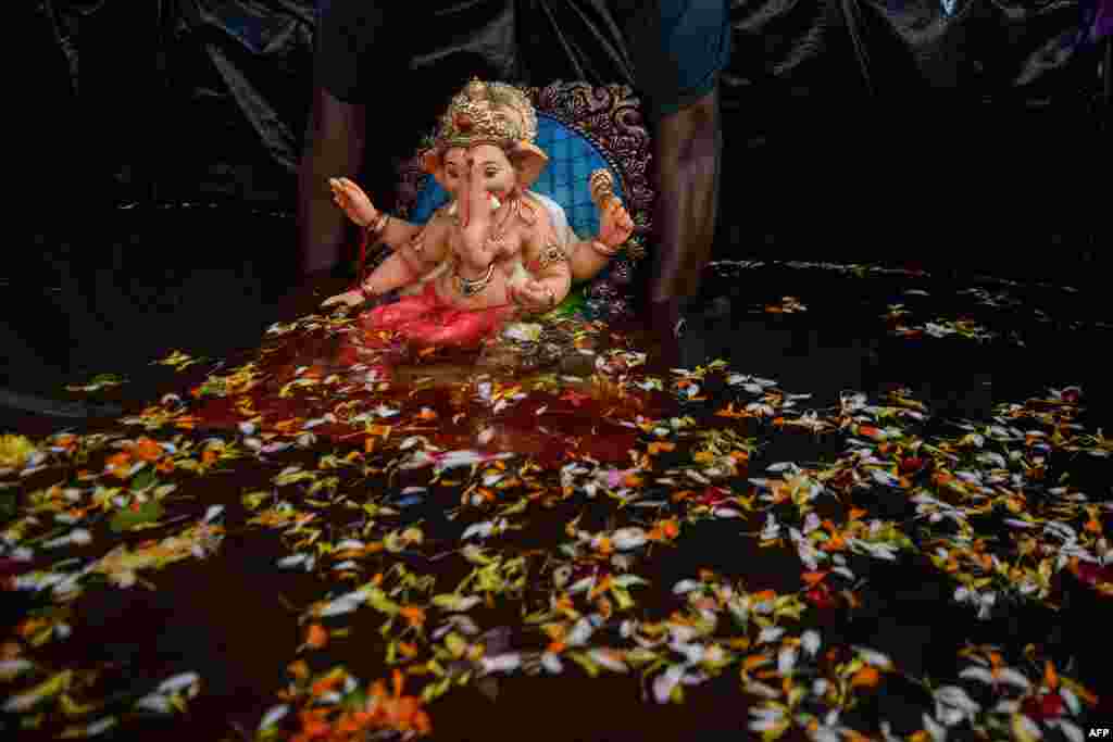 A volunteer immerses a clay idol of Hindu elephant-headed deity Ganesh in an artificial tank in Mumbai, India.
