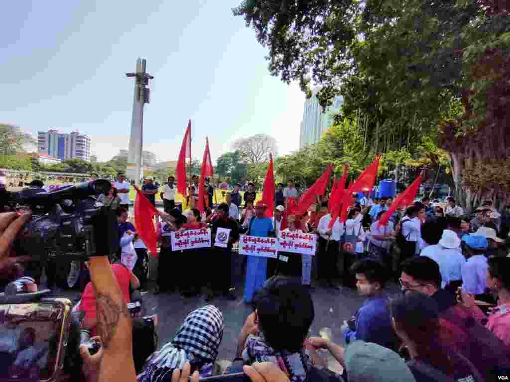 Activists stage a protest near City Hall in Myanmar&#39;s commercial city Yangon, calling for transparency in business ties with China on Saturday January 18, 2020