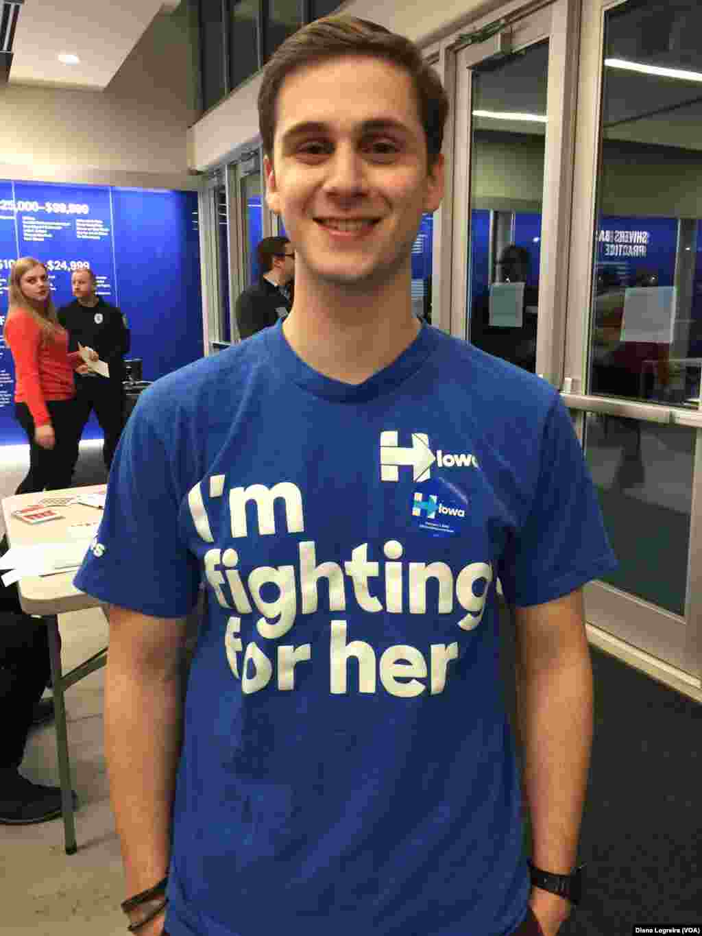 Jonathan Rudnick is a supporter of Democratic presidential candidate Hillary Clinton, in Des Moines, Iowa. Iowa's first-in-the-nation caucuses kick off the U.S. primary election season Monday.