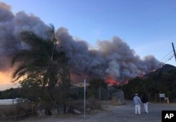 A wildfire burns off of the hills next to CA-126 highway, just northwest of Fillmore, Calif., Thursday, Dec. 7, 2017