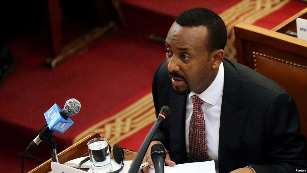 FILE - Ethiopia's Prime Minister Abiy Ahmed addresses the members of parliament inside the House of Peoples' Representatives in Addis Ababa, Ethiopia, April 19, 2018. 