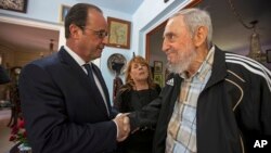 Fidel Castro estrecha la mano al presidente francés, François Holllande en La Habana.