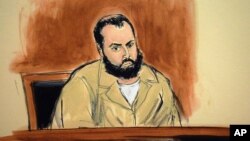 File - In this artist's drawing, Ahmad Khan Rahimi appears in a New York courtroom to face federal terrorism charges, Thursday, November 10, 2016. The Afghanistan-born U.S. citizen faces additional charges, filed Wednesday, November 16, 2016, for detonat