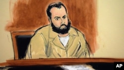 FILE - In this artist's drawing, Ahmad Khan Rahimi appears in a New York courtroom to face federal terrorism charges, Nov. 10, 2016. The Afghanistan-born U.S. citizen faces additional charges, filed Wednesday, November 16, 2016, for detonat