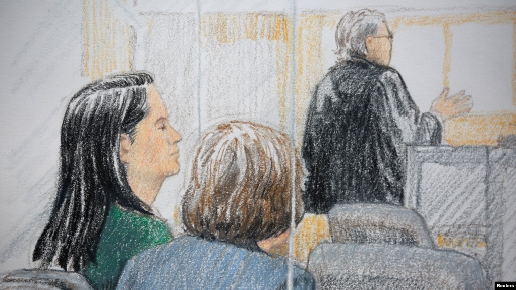 Giám đốc tài chính của công ty Huawei, Mạnh Vãn Chu (trái), trong một phiên tòa bảo lãnh tại ngoại qua phác họa của họa sĩ ở Vancouver, Canada, ngày 7 tháng 12, 2018.