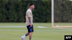 Argentina's forward Lionel Messi participates in a training session ahead of the Copa America football tournament at Florida Blue Training Center in Fort Lauderdale, Florida, on June 5, 2024.