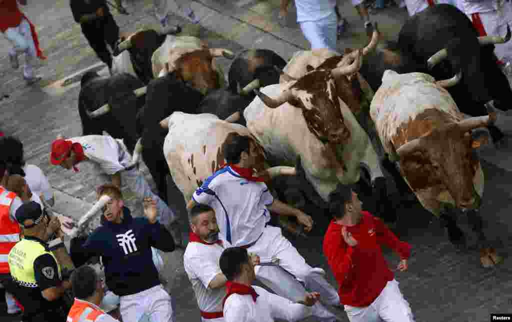 A Dolores Aguirre Ybarra fighting bull grabs the t-shirt of a runner with its horn (L, background) as they sprint up Santo Domingo hill during the second running of the bulls of the San Fermin festival in Pamplona July 8, 2013. REUTERS/Susana Vera (SPAIN