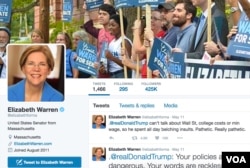 Democratic Sen. Elizabeth Warren takes on Donald Trump on Twitter, his favorite campaign messaging platform. (VOA)