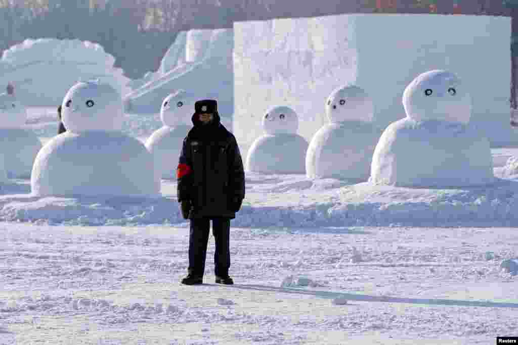 ایک شخص برفیلے مجسموں کے سامنے اپنی تصویر کھنچوانے کے لیے پوز دے رہا ہے۔