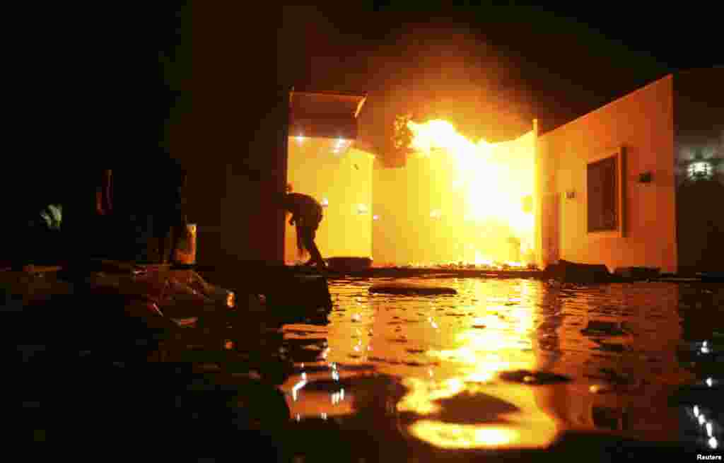 U.S. Consulate in Benghazi in flames during protest, September 11, 2012