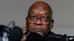 FILE - Former South African President Jacob Zuma addresses the press at his home in Nkandla, KwaZulu-Natal Province, South Africa, July 6, 2021.