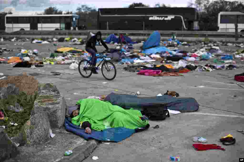 Seorang pria tidur di lapangan parkir tempat bus-bus yang diorganisir pemerintah Austria berjajar di Hegyeshalom, Hungaria (6/9). Otoritas Austria telah mengorganisir layanan bus untuk migran dan pengungsi yang tiba di kota perbatasan Hegyeshalom, untuk membawa mereka ke perbatasan Austria dengan Jerman. (AP/Marko Drobnjakovic)