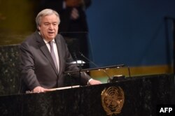 FILE - Antonio Guterres, Secretary-General of United Nations, speaks during a meeting at United Nations headquarters in New York, April 24, 2018.