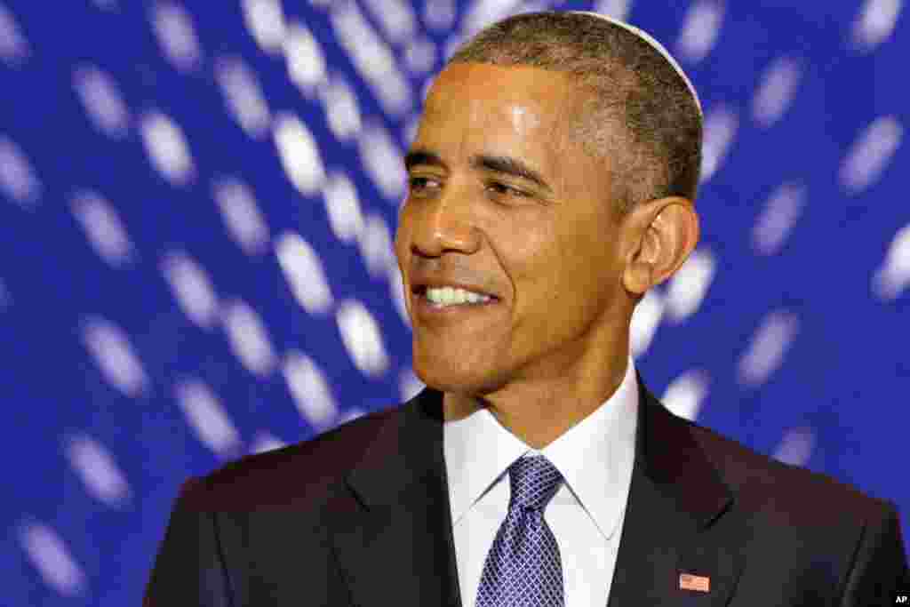 President Barack Obama smiles as he speaks at Adas Israel Congregation in Washington, D.C., May 22, 2015.