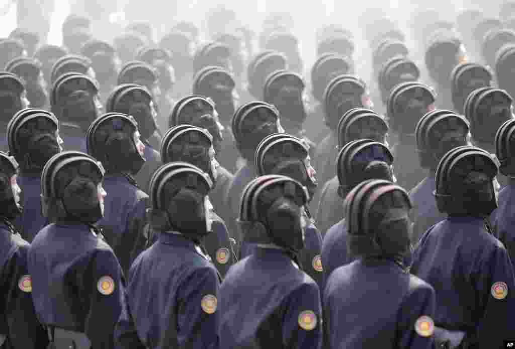 Soldiers march across Kim Il Sung Square during a military parade, April 15, 2017, in Pyongyang, North Korea, to celebrate the 105th birth anniversary of Kim Il Sung, the country&#39;s late founder and grandfather of current ruler Kim Jong Un.