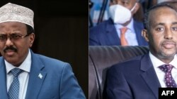 Le président somalien Mohamed Abdullahi Mohamed (à gauche), communément appelé Farmajo à Djibouti le 5 juillet 2018 et le Premier ministre somalien Mohamed Hussein Roble (à droite) à Mogadiscio, en Somalie, le 27 mai 2021.