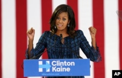 First lady Michelle Obama speaks at LaSalle University in Philadelphia as she campaigns for presidential candidate Hillary Clinton, Sept. 28, 2016.
