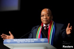 FILE - South African President Jacob Zuma speaks at the opening plenary session of the World Economic Forum (WEF) on Africa in Cape Town, June 4, 2015.