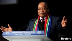 South African President Jacob Zuma speaks at the opening plenary session of the World Economic Forum (WEF) on Africa in Cape Town, June 4, 2015.