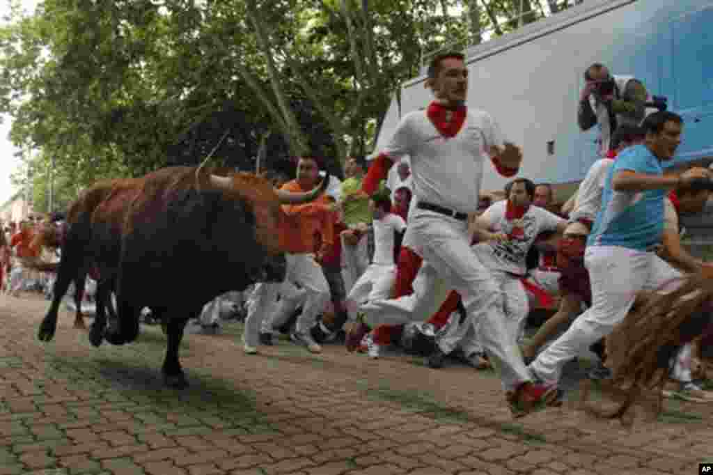 An 'El Pilar' fighting bull follows a reveler during the running of the bulls of the San Fermin festival, in Pamplona, Spain, Friday, July 12, 2013. Revelers from around the world arrive to Pamplona every year to take part on some of the eight days of the