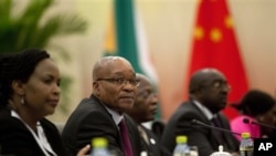 South Africa's President Jacob Zuma, second left, holds a bilateral meeting with his Chinese counterpart Hu Jintao in Sanya, Hainan province, China, April 13, 2011
