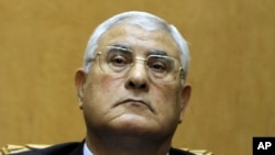 Egypt's chief justice Adly Mansour listens to a speech during his swearing in as interim president Thursday, July 4, 2013. 