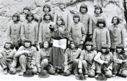 Photo shows nineteen Hopi leaders who, on January 3, 1895, were imprisoned at Alcatraz Island after refusing to send their children to boarding school.