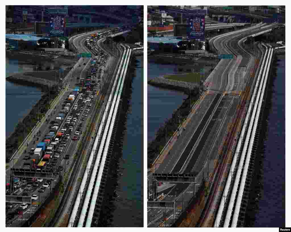A combination photo of the Woodlands Causeway between Singapore and Malaysia, before (L) and after Malaysia imposed a lockdown on travel over the coronavirus outbreak, March 17 (L) and 18, 2020.