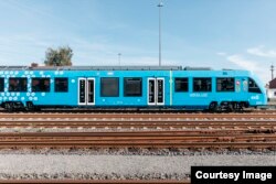 The new Coradia iLint hydrogen-powered train, recently launched as the first of its kind in the world, is seen on the tracks in northern Germany. (René Frampe/Alstom)